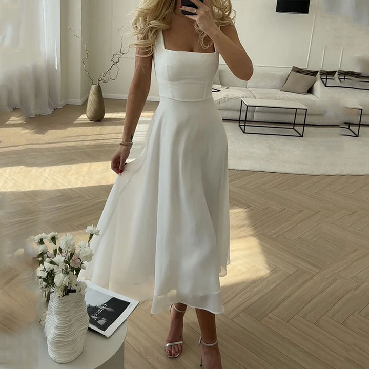 Women's Formal Party Dress Midi Wedding Guest Square Neck Fitted Bodice Fluid Skirt Elegant - Lolly 