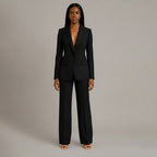 Women's Formal Tailored Suit Set Structured Long Blazer Slim-Fit Wide-Leg Pants Office Elegant – Christi - Lolly 
