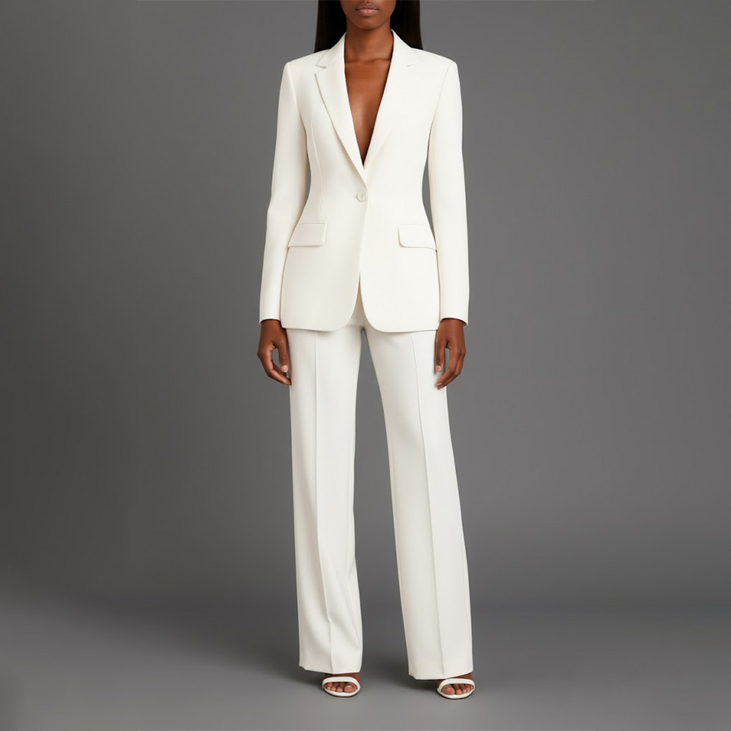 Women's Formal Tailored Suit Set Structured Long Blazer Slim-Fit Wide-Leg Pants Office Elegant – Christi - Lolly 