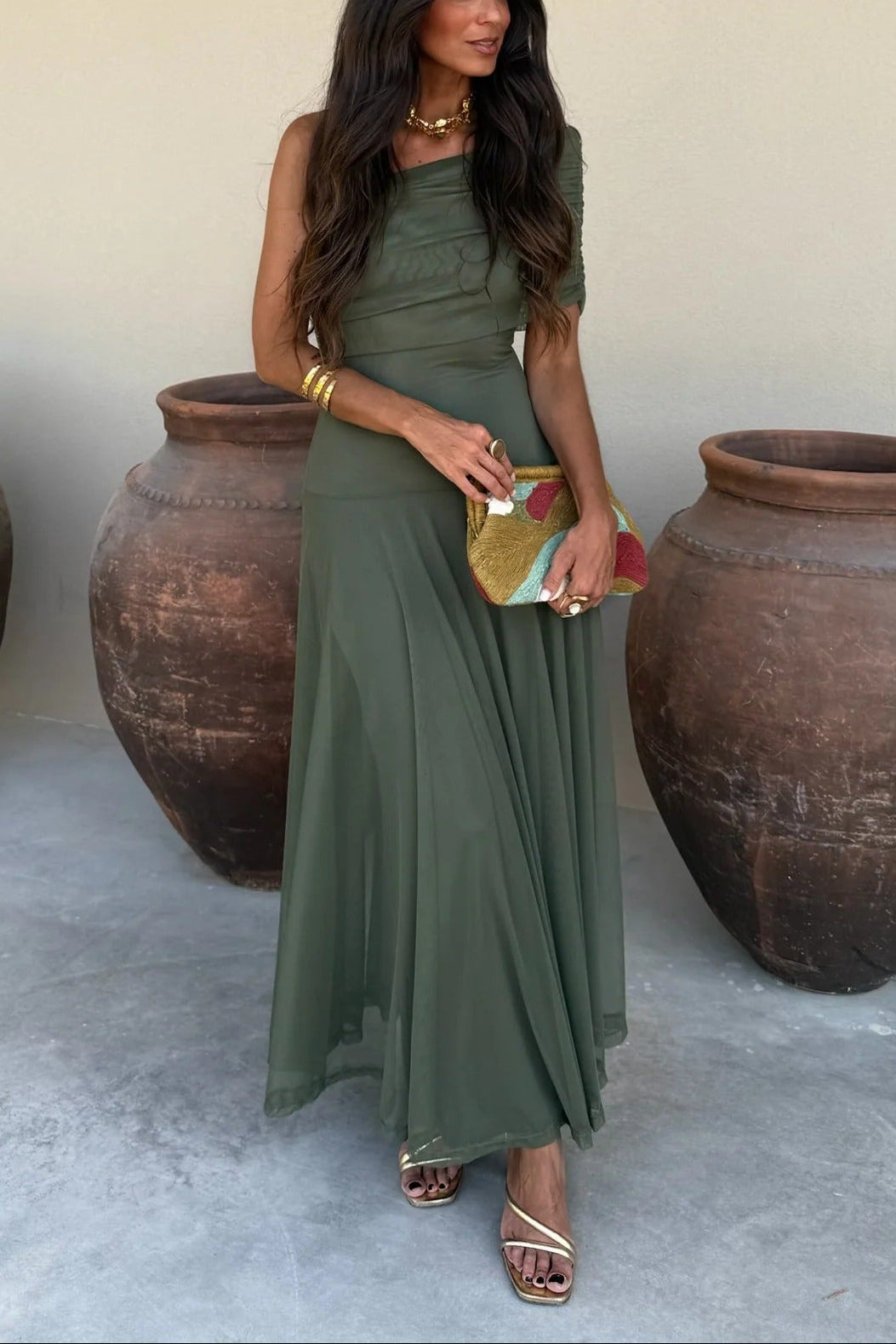 Women's Formal Wedding Guest Party Dress One-Shoulder Mesh Maxi Draped Bodice Romantic – Brittany - Lolly 