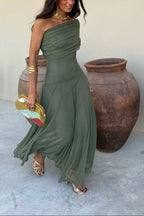 Women's Formal Wedding Guest Party Dress One-Shoulder Mesh Maxi Draped Bodice Romantic – Brittany - Lolly 