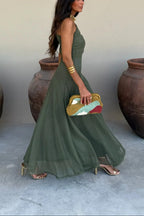 Women's Formal Wedding Guest Party Dress One-Shoulder Mesh Maxi Draped Bodice Romantic – Brittany - Lolly 