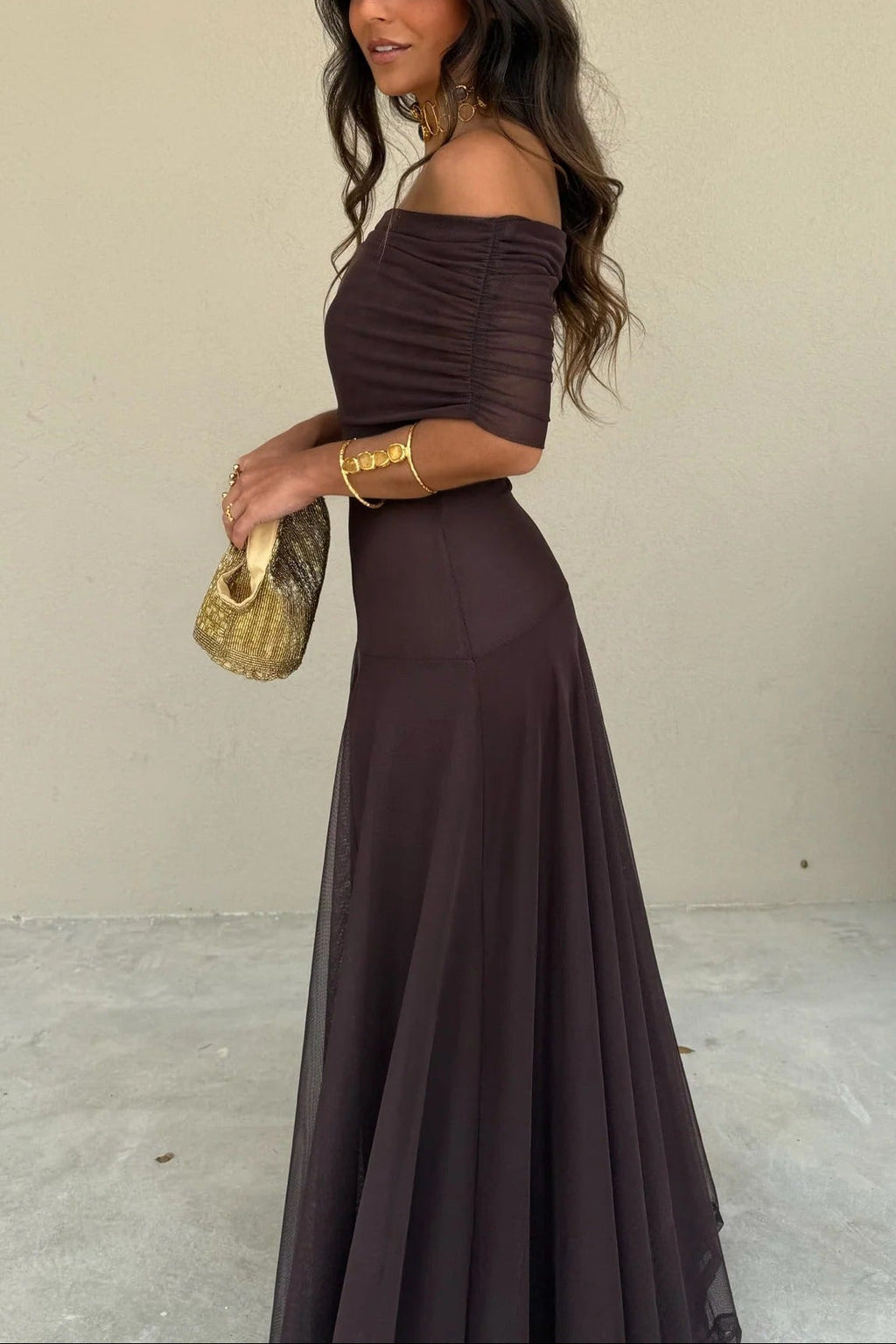 Women's Formal Wedding Guest Party Dress One-Shoulder Mesh Maxi Draped Bodice Romantic – Brittany - Lolly 