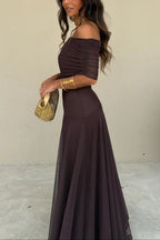 Women's Formal Wedding Guest Party Dress One-Shoulder Mesh Maxi Draped Bodice Romantic – Brittany - Lolly 