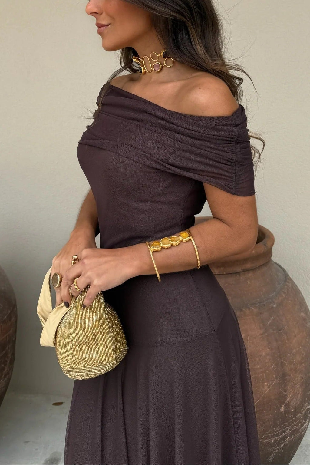 Women's Formal Wedding Guest Party Dress One-Shoulder Mesh Maxi Draped Bodice Romantic – Brittany - Lolly 