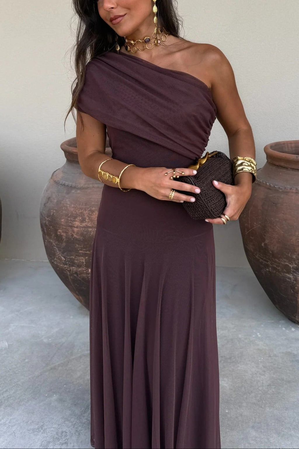 Women's Formal Wedding Guest Party Dress One-Shoulder Mesh Maxi Draped Bodice Romantic – Brittany - Lolly 