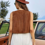 Women's Fringe Suede Vest Boho Western Country Festival Sleeveless Jacket - Lolly 