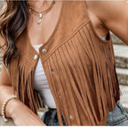 Women's Fringe Suede Vest Boho Western Country Festival Sleeveless Jacket - Lolly 