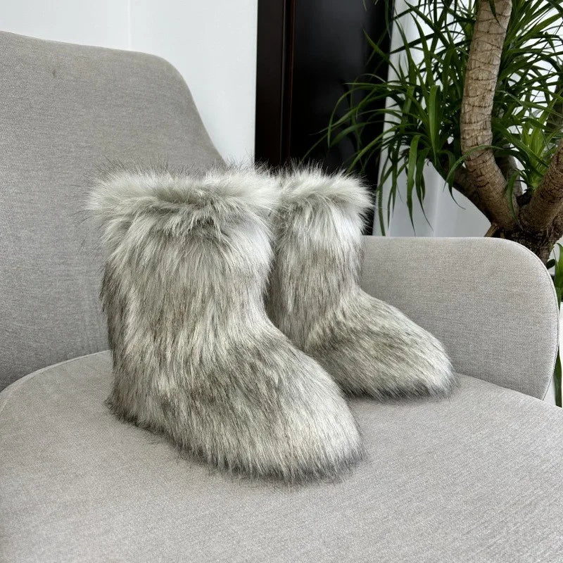 Women's Fur Boots – Fluffy Mid-Calf Slip-On - Lolly 