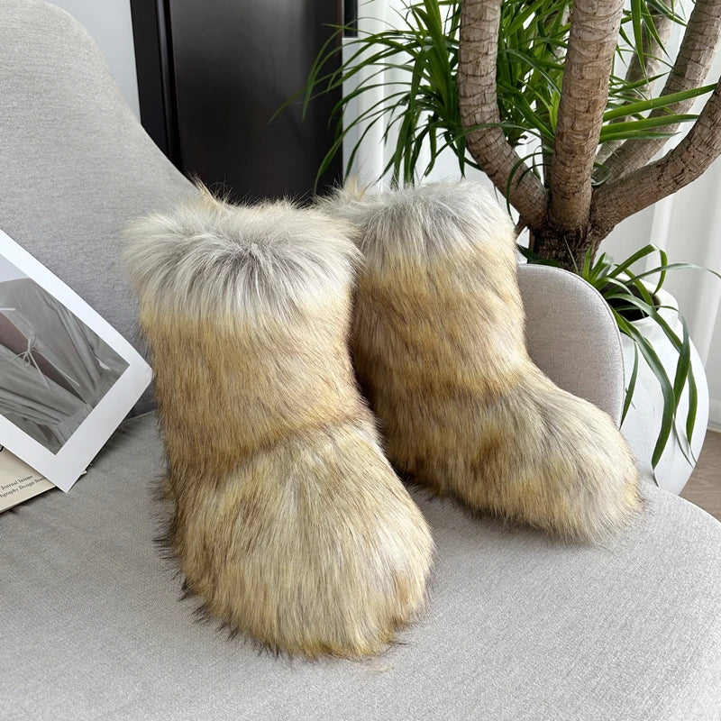 Women's Fur Boots – Fluffy Mid-Calf Slip-On - Lolly 