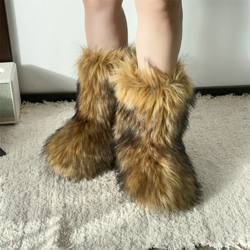 Women's Fur Boots – Fluffy Mid-Calf Slip-On - Lolly 