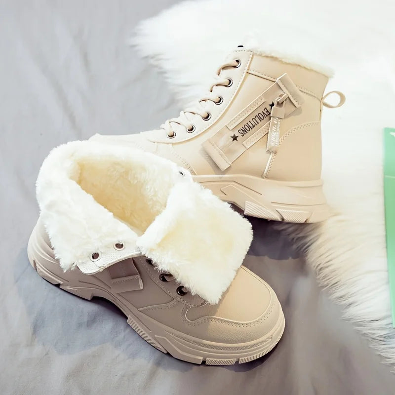 Women's Fur Lined Winter Ankle Boots Lace-Up Cushioned Platform Snow Boots Warm Insulated - Lolly 