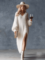 Women's Fuzzy Knit Midi Dress V-Neck Side Slit Long Sleeve Sweater Dress Winter Casual - Lolly 
