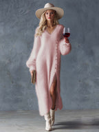 Women's Fuzzy Knit Midi Dress V-Neck Side Slit Long Sleeve Sweater Dress Winter Casual - Lolly 