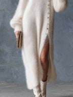 Women's Fuzzy Knit Midi Dress V-Neck Side Slit Long Sleeve Sweater Dress Winter Casual - Lolly 