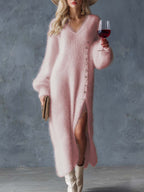 Women's Fuzzy Knit Midi Dress V-Neck Side Slit Long Sleeve Sweater Dress Winter Casual - Lolly 
