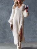 Women's Fuzzy Knit Midi Dress V-Neck Side Slit Long Sleeve Sweater Dress Winter Casual - Lolly 