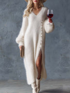 Women's Fuzzy Knit Midi Dress V-Neck Side Slit Long Sleeve Sweater Dress Winter Casual - Lolly 