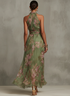 Women's Green Floral Chiffon Halter Neck Maxi Dress Sleeveless Open Back Flowing Formal Beach Vacation Wedding Guest Garden Party – Florence - Lolly 