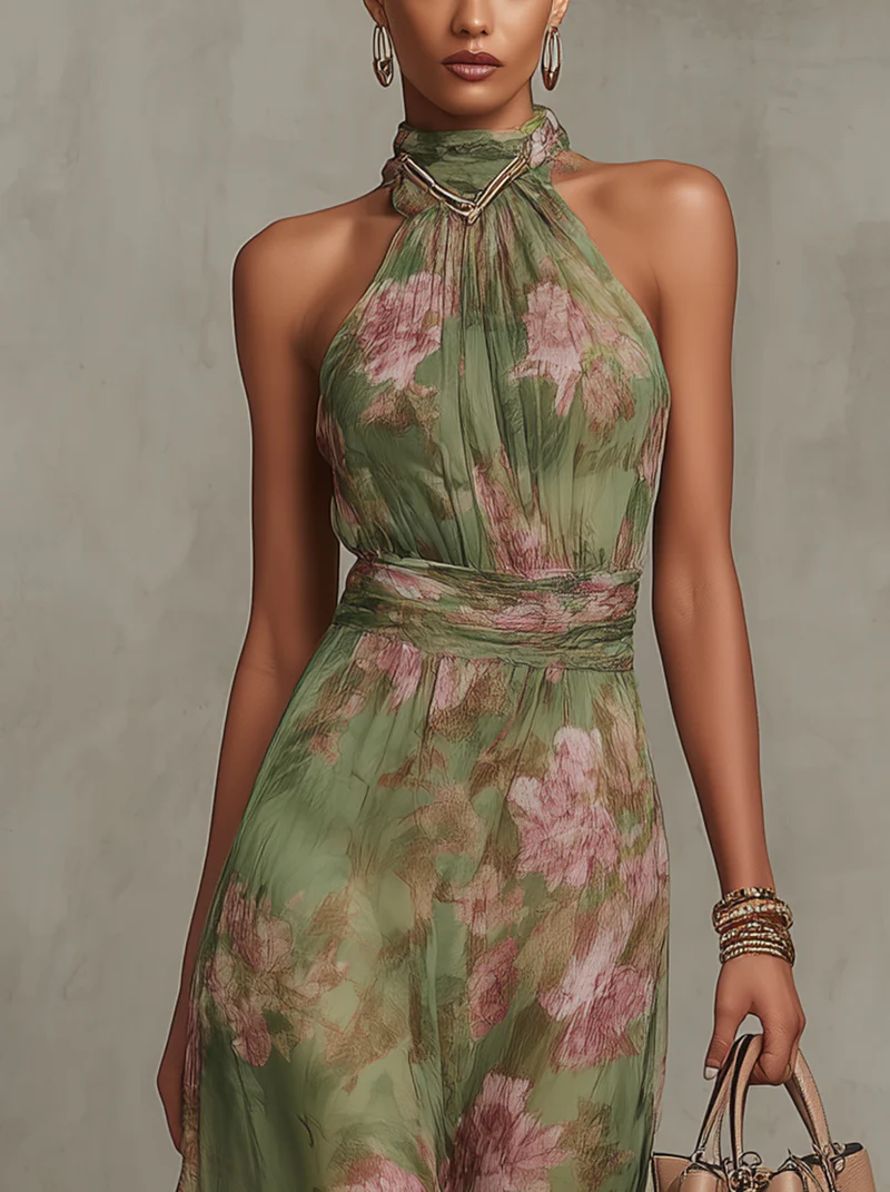 Women's Green Floral Chiffon Halter Neck Maxi Dress Sleeveless Open Back Flowing Formal Beach Vacation Wedding Guest Garden Party – Florence - Lolly 