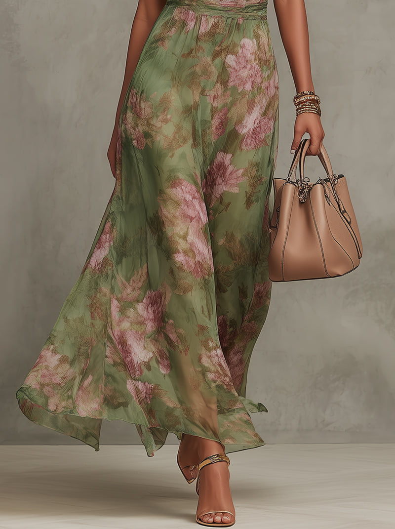 Women's Green Floral Chiffon Halter Neck Maxi Dress Sleeveless Open Back Flowing Formal Beach Vacation Wedding Guest Garden Party – Florence - Lolly 
