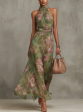 Women's Green Floral Chiffon Halter Neck Maxi Dress Sleeveless Open Back Flowing Formal Beach Vacation Wedding Guest Garden Party – Florence - Lolly 