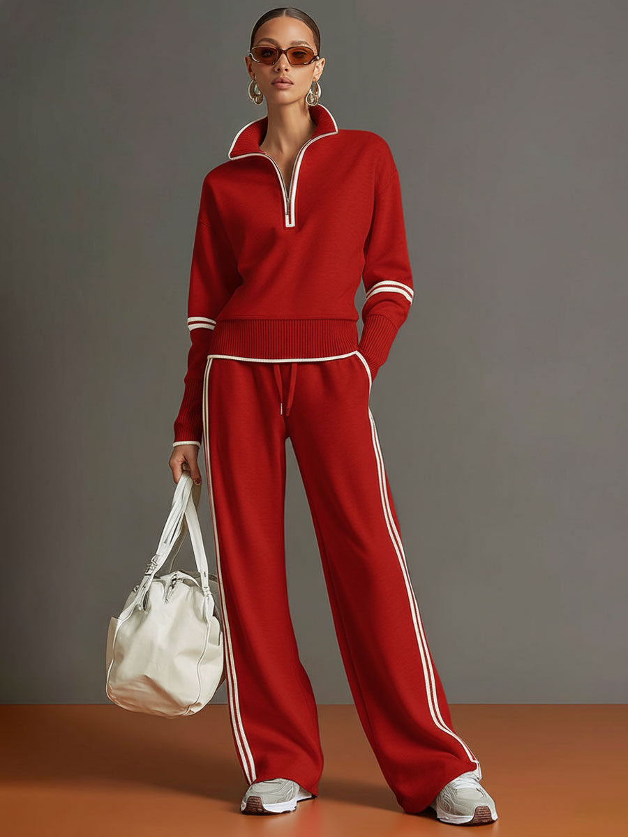 Women's Half-Zip Sweatshirt Wide-Leg Pants Set Sporty Athleisure Tracksuit Casual Two-Piece Outfit - Lolly 
