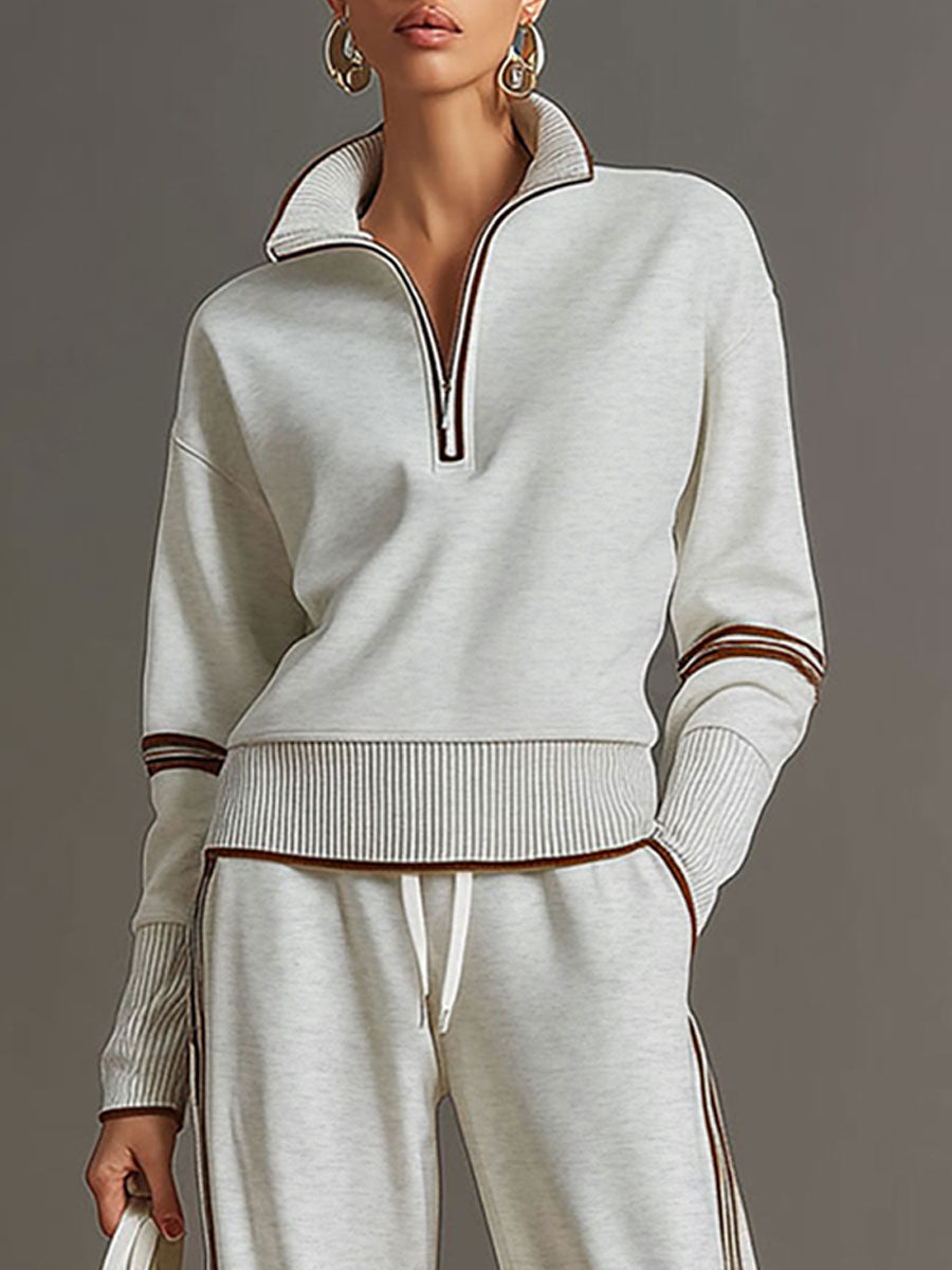 Women's Half-Zip Sweatshirt Wide-Leg Pants Set Sporty Athleisure Tracksuit Casual Two-Piece Outfit - Lolly 