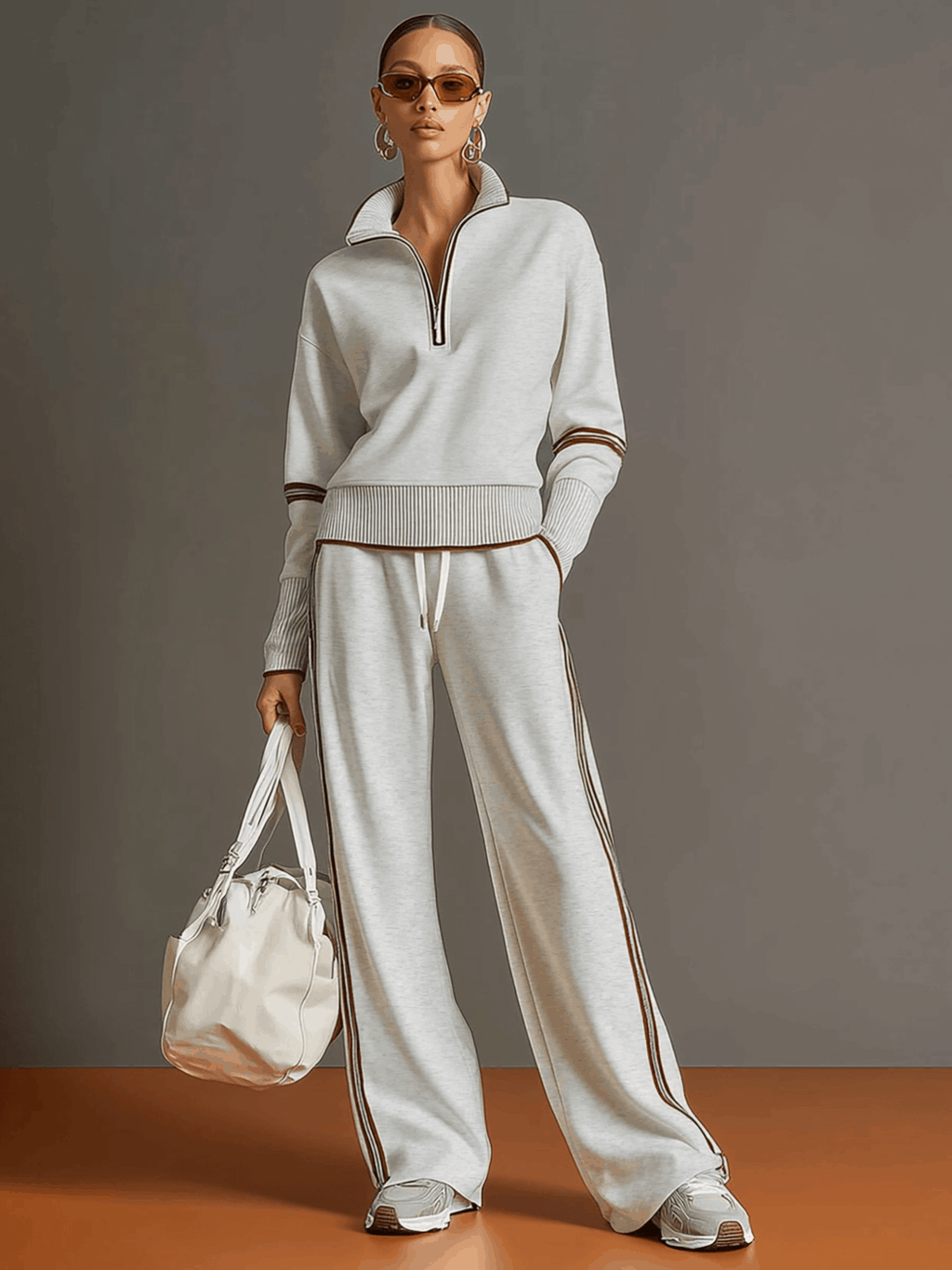 Women's Half-Zip Sweatshirt Wide-Leg Pants Set Sporty Athleisure Tracksuit Casual Two-Piece Outfit - Lolly 
