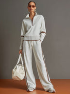 Women's Half-Zip Sweatshirt Wide-Leg Pants Set Sporty Athleisure Tracksuit Casual Two-Piece Outfit - Lolly 