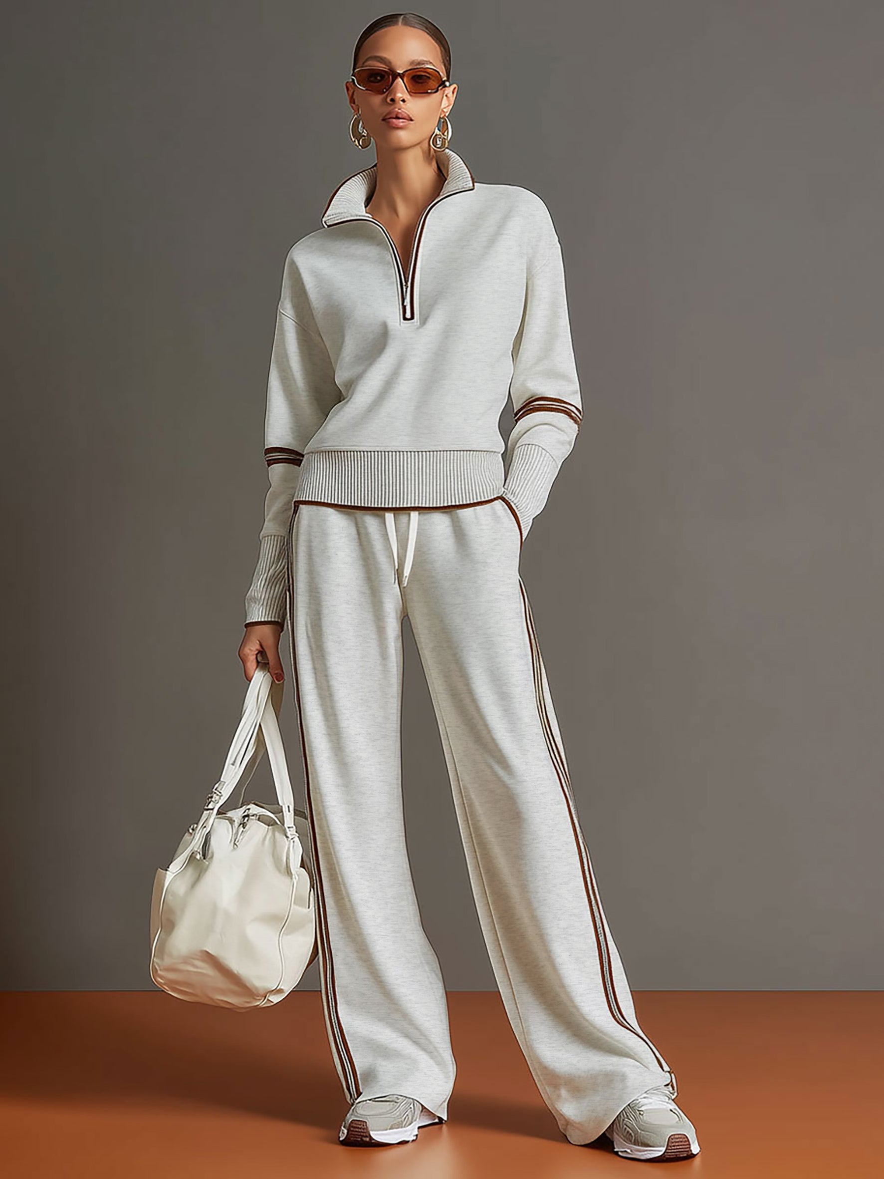 Women's Half-Zip Sweatshirt Wide-Leg Pants Set Sporty Athleisure Tracksuit Casual Two-Piece Outfit - Lolly 