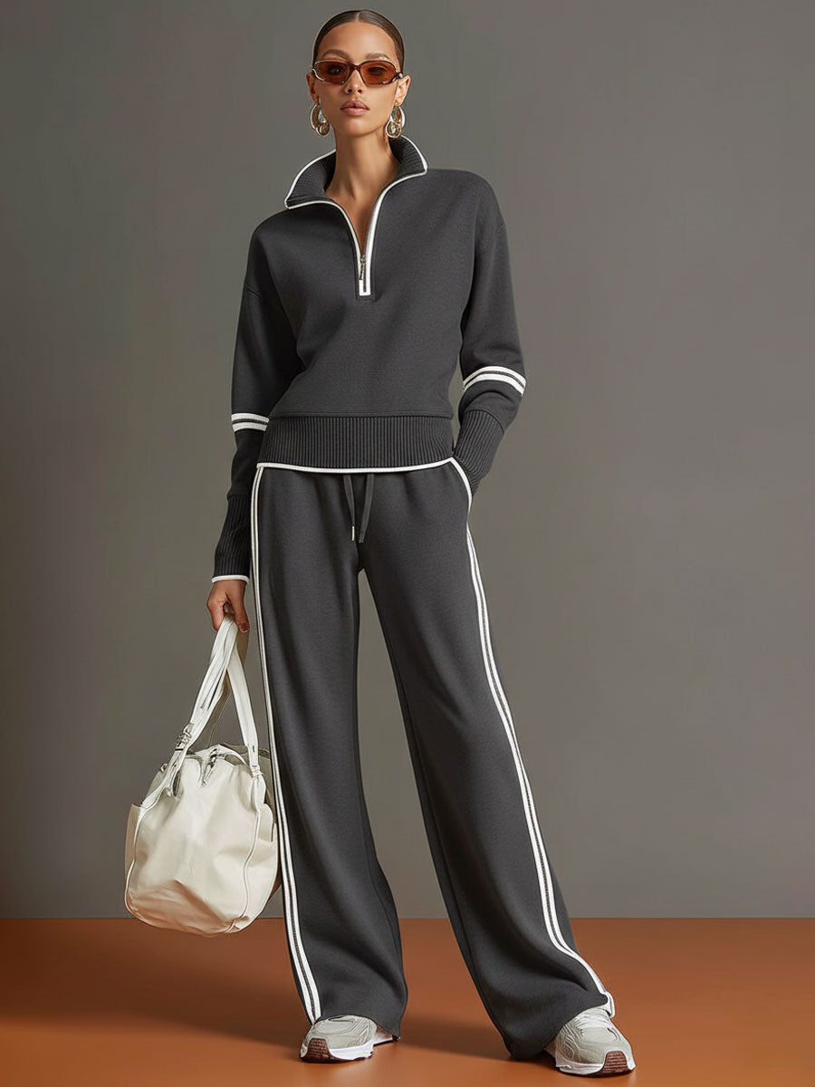 Women's Half-Zip Sweatshirt Wide-Leg Pants Set Sporty Athleisure Tracksuit Casual Two-Piece Outfit - Lolly 