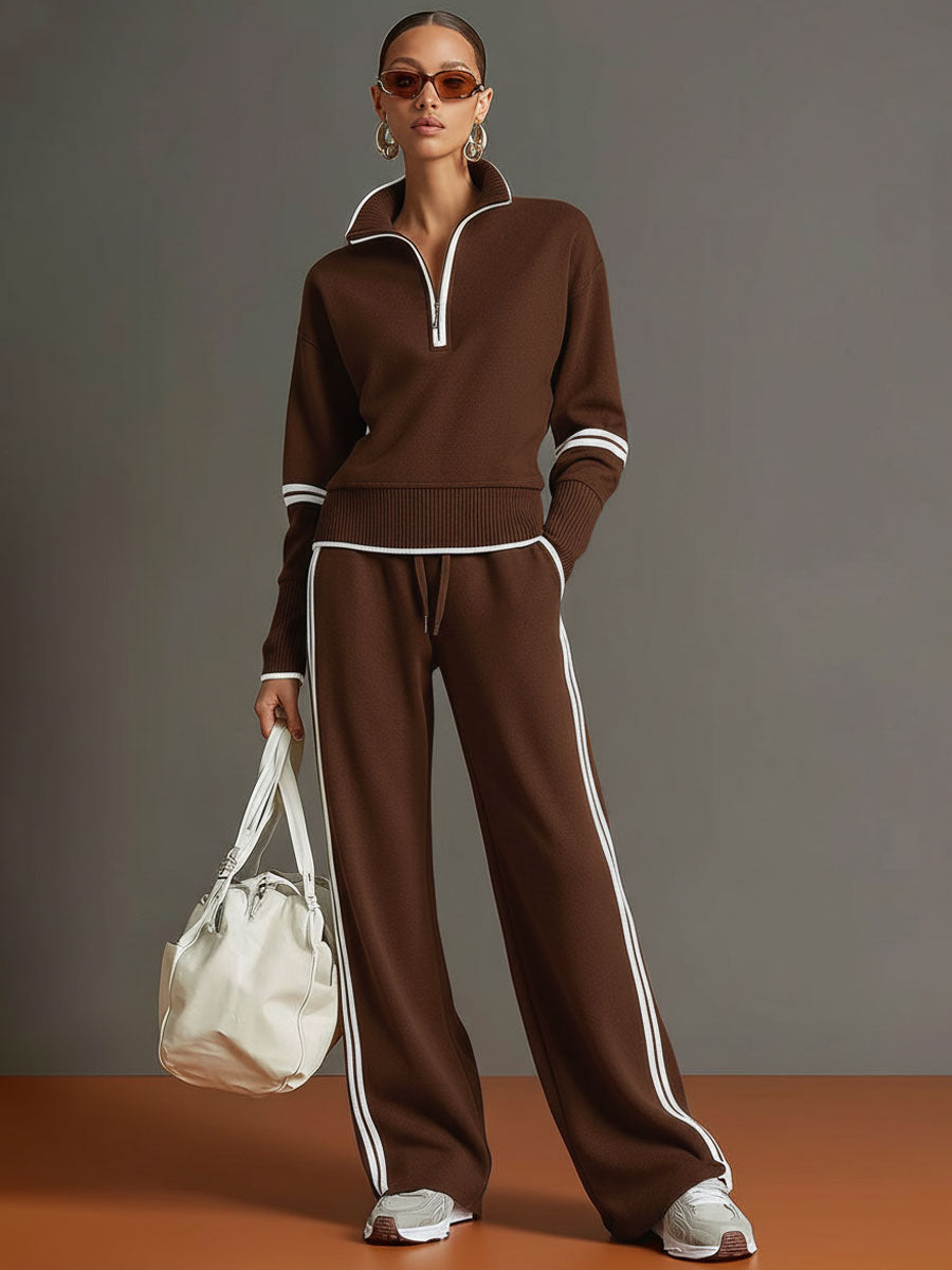 Women's Half-Zip Sweatshirt Wide-Leg Pants Set Sporty Athleisure Tracksuit Casual Two-Piece Outfit - Lolly 