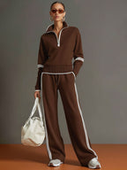 Women's Half-Zip Sweatshirt Wide-Leg Pants Set Sporty Athleisure Tracksuit Casual Two-Piece Outfit - Lolly 