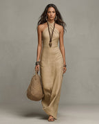 Women's Halter Maxi Dress – Crossover Neckline, Sleeveless Floor-Length - Lolly 