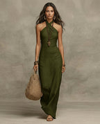 Women's Halter Maxi Dress – Crossover Neckline, Sleeveless Floor-Length - Lolly 