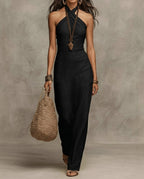 Women's Halter Maxi Dress – Crossover Neckline, Sleeveless Floor-Length - Lolly 