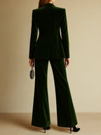 Women's High-End Velvet Two-Piece Suit Notched Lapel Blazer Wide-Leg Pants Retro Elegant – Green - Lolly 