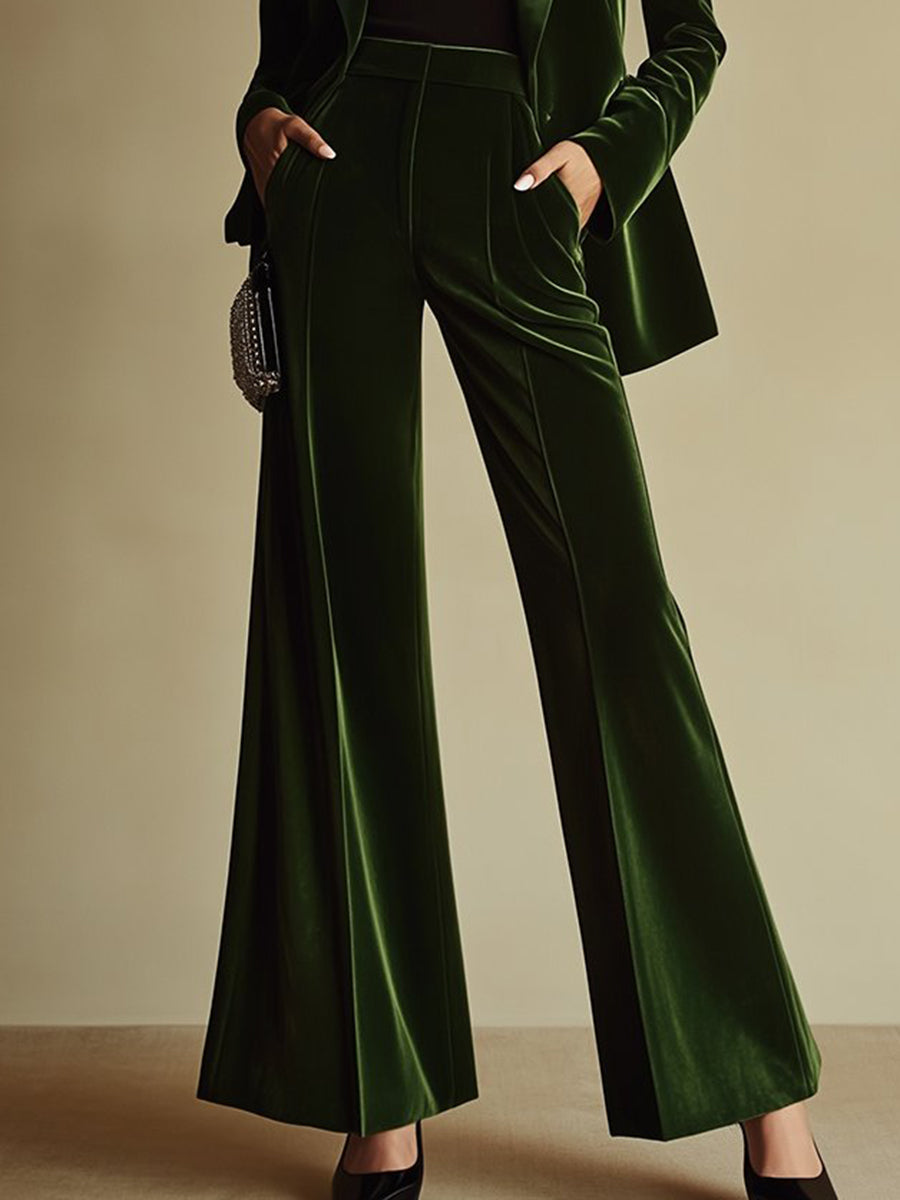 Women's High-End Velvet Two-Piece Suit Notched Lapel Blazer Wide-Leg Pants Retro Elegant – Green - Lolly 