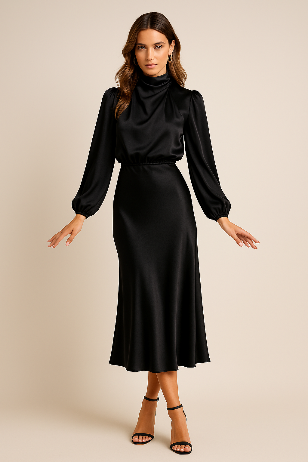 Women's High Neck Long Sleeve Midi Dress High Waist Flared Satin Formal Elegant Work Office Evening Wedding Guest Cocktail Party – Seraphine - Lolly 
