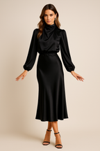 Women's High Neck Long Sleeve Midi Dress High Waist Flared Satin Formal Elegant Work Office Evening Wedding Guest Cocktail Party – Seraphine - Lolly 