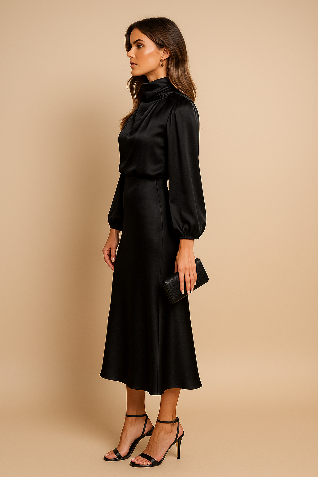 Women's High Neck Long Sleeve Midi Dress High Waist Flared Satin Formal Elegant Work Office Evening Wedding Guest Cocktail Party – Seraphine - Lolly 