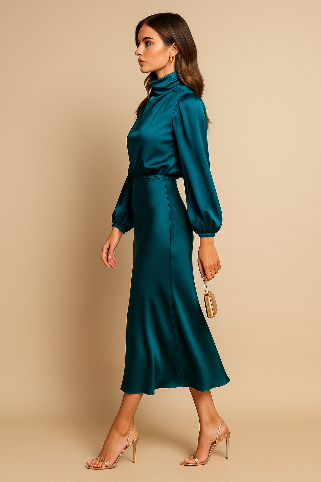 Women's High Neck Long Sleeve Midi Dress High Waist Flared Satin Formal Elegant Work Office Evening Wedding Guest Cocktail Party – Seraphine - Lolly 
