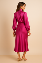 Women's High Neck Long Sleeve Midi Dress High Waist Flared Satin Formal Elegant Work Office Evening Wedding Guest Cocktail Party – Seraphine - Lolly 