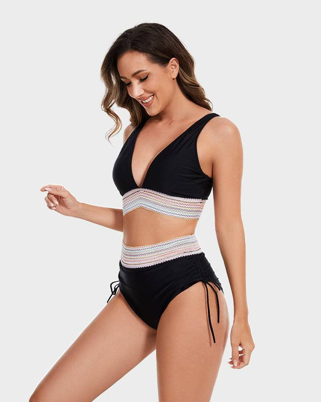 Women's High-Waist Tummy Control Halter Bikini Set Woven Band Tie Side Beach Pool Vacation Resort Summer – Burgundy Green Black - Lolly 