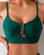 Women's High-Waist Two-Piece Bikini Set Metal V-Bar Accent Ruched Structured Top Beach Pool Vacation Resort Summer – Emerald Green - Lolly 