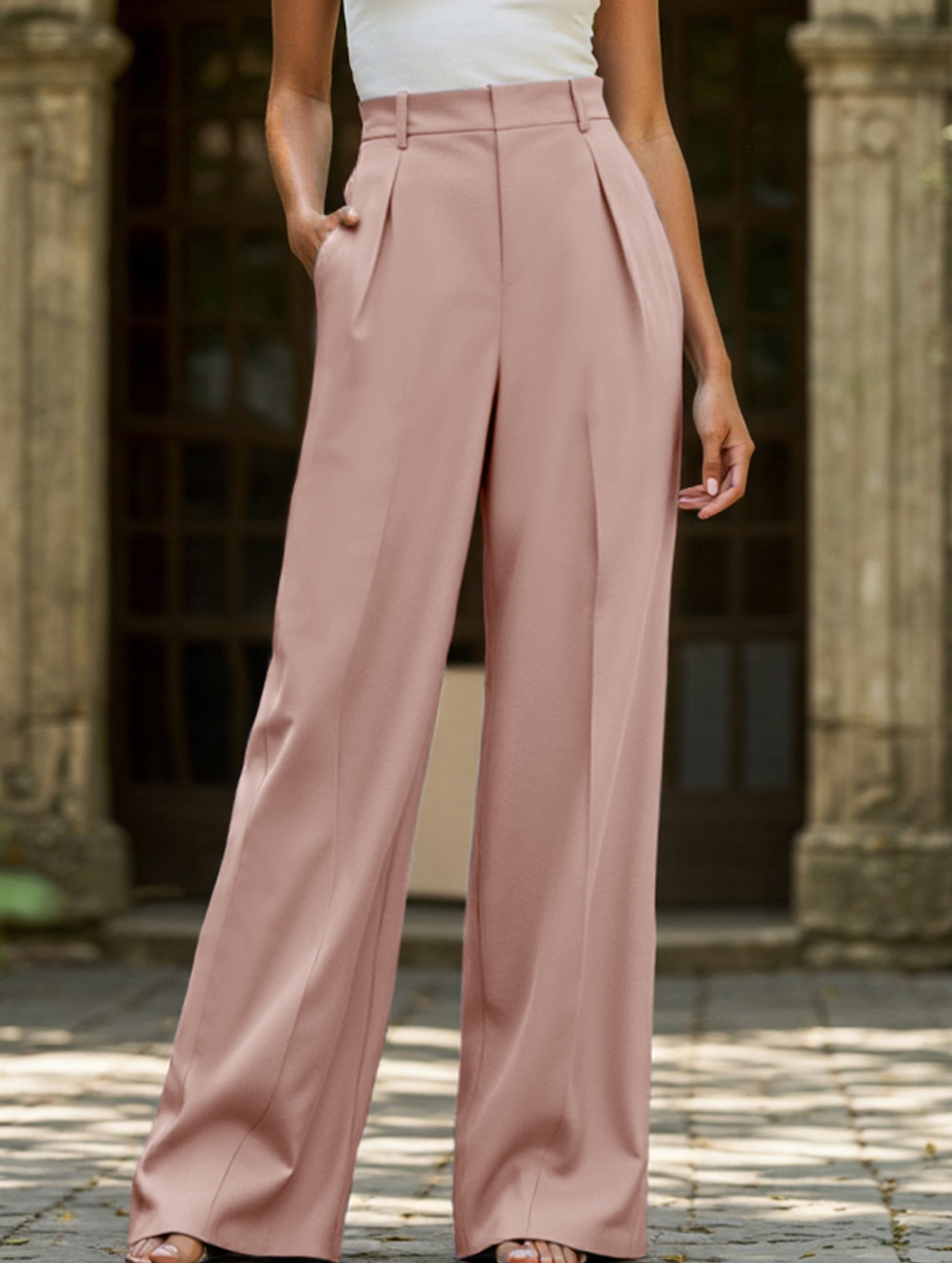 Women's High Waist Wide Leg Drape Pants Loose Flowing Polyester Casual Formal Everyday Trousers – Multicolor - Lolly 