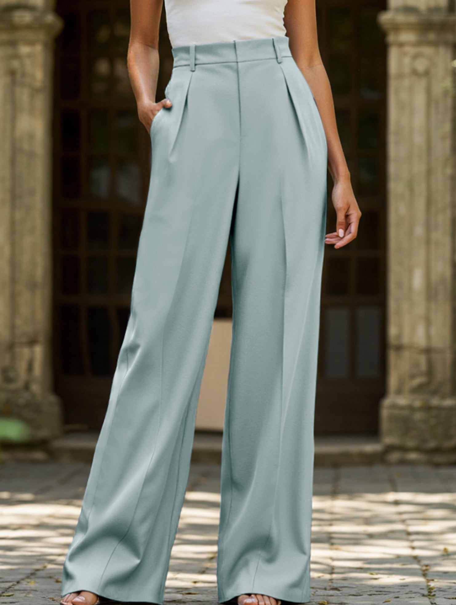 Women's High Waist Wide Leg Drape Pants Loose Flowing Polyester Casual Formal Everyday Trousers – Multicolor - Lolly 