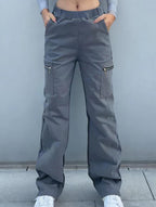 Women's High-Waisted Loose Straight-Leg Pants Casual Work Office Formal Everyday Floor-Length Trousers – Navy - Lolly 