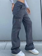 Women's High-Waisted Loose Straight-Leg Pants Casual Work Office Formal Everyday Floor-Length Trousers – Navy - Lolly 